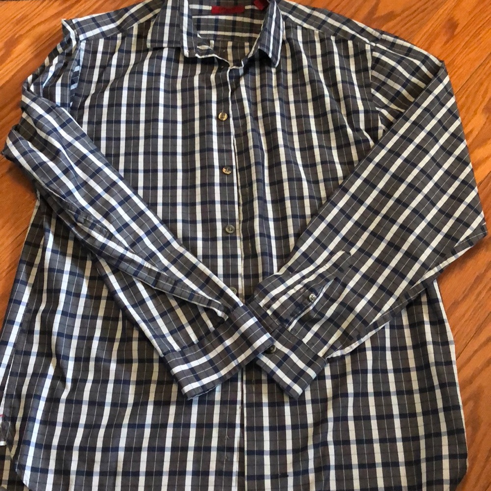 Alfani slim fit grey and navy plaid button down